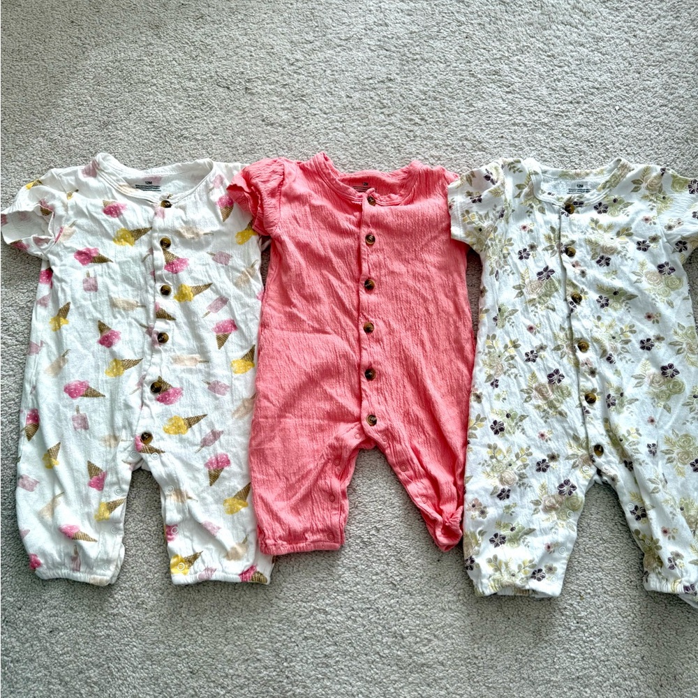 3 Baby Rompers - Pink + Floral Prints